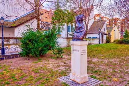 Foto de BUDAPEST, HUNGRÍA - 26 DE FEBRERO DE 2022: Obuda szobra, la estatua de Obuda, hecha por Ugray Gyorgy, ubicada en un parque en el distrito de Obuda, el 26 de febrero en Budapest - Imagen libre de derechos