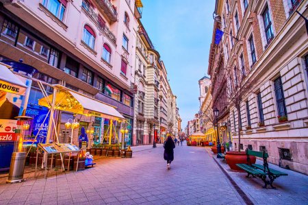 Téléchargez les photos : BUDAPEST, HONGRIE - 26 FÉVRIER 2022 : La rue Vaci est le cœur et la zone touristique la plus populaire du quartier de Pest, le 26 février à Budapest - en image libre de droit
