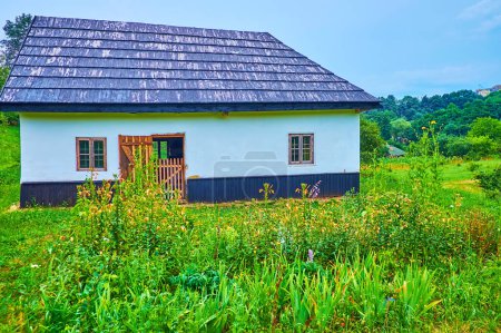 Foto de El exuberante jardín de flores verdes en frente de la pequeña casa de hata rural encalada, Chernivtsi scansen, Ucrania - Imagen libre de derechos