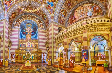 Photo for CHERNIVTSI, UKRAINE - JULY 16, 2021: The outstanding prayer hall of Three Saints Church of Chernivtsi National University, on July 16 in Chernivtsi - Royalty Free Image
