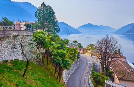 Photo for The green slope of Monte Bre and Lake Lugano in background, view from Castagnola, Lugano, Switzerland - Royalty Free Image