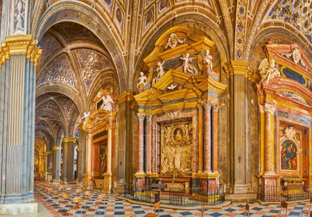 Photo for CREMONA, ITALY - APRIL 6, 2022: Panorama with the richly decorated side chapels with altars of St Fermo, St Eusebius and St Catherine in Cathedral of Cremona, Italy - Royalty Free Image