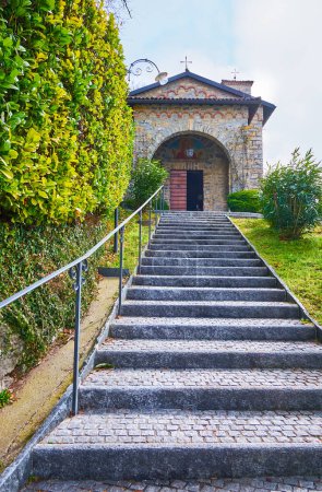 Photo for The long stone staircase, leading to the Immaculate Heart of Mary (Cuore Immacolato di Maria) Church of Aldesago, Lugano, Switzerland - Royalty Free Image