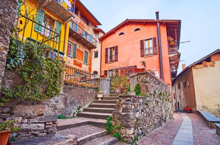 Photo for The old Giacomo Discepoli Street with colored historic houses, Castagnola, Lugano, Switzerland - Royalty Free Image