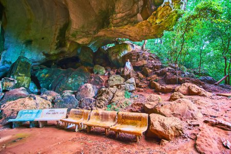 Téléchargez les photos : PHANG NGA, THAÏLANDE - 28 AVRIL : La luxuriante forêt tropicale verte de la grotte du temple Wat Suwan Kuha, le 28 avril à Phang Nga - en image libre de droit