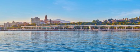 Téléchargez les photos : Port de Malaga offre la vue sur la ville avec Palmeraie des surprises promenade, parc vert de la ville, château de Gibralfaro et grand bâtiment de la cathédrale de Malaga en arrière-plan, Espagne - en image libre de droit