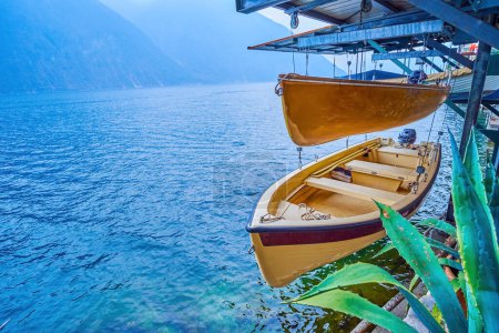 Téléchargez les photos : Le stockage de bateaux secs avec grues sur le lac de Lugano à Gandria, Suisse - en image libre de droit