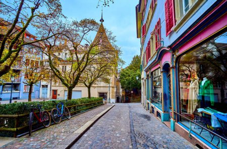 Quiet Spiegelgasse street with small garden and medieval residential houses, Zurich, Switzerland