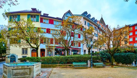 Photo for Quiet Spiegelgasse street with small garden and medieval residential houses, Zurich, Switzerland - Royalty Free Image