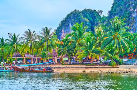 Foto de La orilla de la arena con embarcaciones turísticas amarradas, exuberantes palmeras y pequeños pabellones, Ao Phang Nga, Tailandia - Imagen libre de derechos