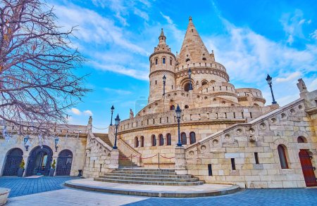 Impressive stone fortification of Fisherman's Bastion, located in Buda Castle Quarter, Budapest, Hungary