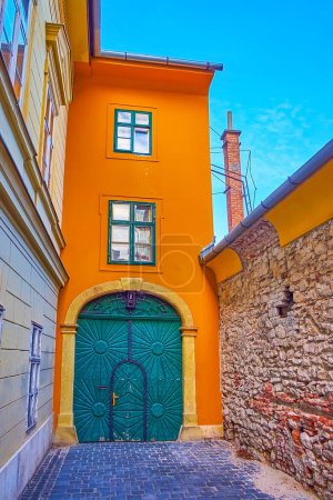 La porte en bois vintage, sculptée avec des motifs, située dans la cour de la rue Tancsics Mihaly, quartier du château de Buda, Budapest, Hongrie
