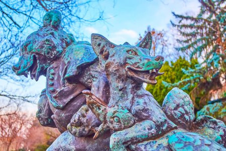 BUDAPEST, HUNGARY - MARCH 3, 2022: The bronze sculpture by Gyula Maugsch with Zsigmond Sebok's fairy tale characters, Budapest, Hungary