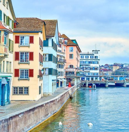 Limmat river and buildings on riverside Wuhre street, Zurich, Switzerland