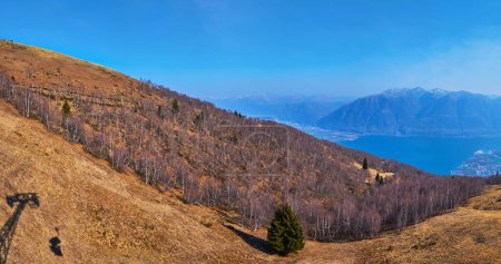 Panorama of the dry yellow montane meadow on the slope of Cimetta Mount from the riding chairlift, Ticino, Switzerland