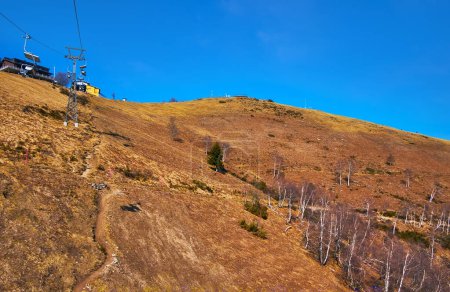 Trockene, gelbe Bergwiese am Hang des Cimetta Mount vom Sessellift aus, Tessin, Schweiz