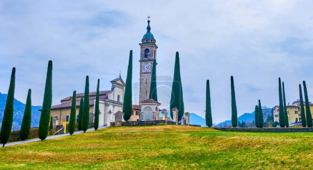 Panorama de pelouse verte et de grands cyprès dans le parc de l'église St Abundius (Sant'Abbondio), Collina d'Oro, Tessin, Suisse