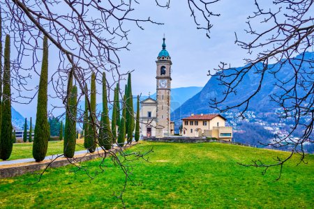 Pelouse verte et grands cyprès dans le parc de l'église St Abundius (Sant'Abbondio), Collina d'Oro, Tessin, Suisse
