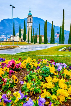 Buntes Blumenbeet und Sant 'Abbondio Chuch mit Zypressen im Hintergrund, Collina d' Oro, Schweiz