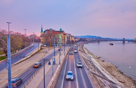 The Friedrich Born Quay of Danube and old housing of Taban in the evening, Budapest, Hungary