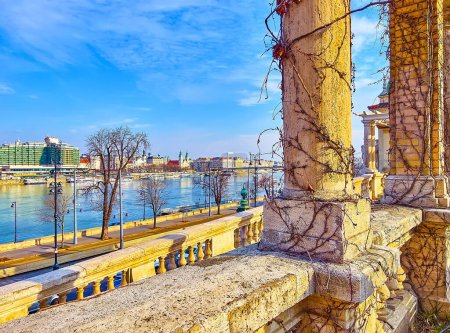 The view of Danube River and Elisabeth Bridge from the terrace of Castle Garden Bazaar of Buda Castle, Budapest, Hungary