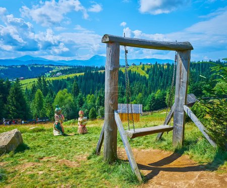 The log swing in Mountain Valley Peppers (Polonyna Pertsi), Carpathians, Ukraine