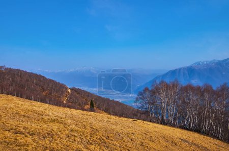 Paseo en teleférico hasta la cima del Monte Cimetta con paisajes alpinos y prado montano marrón seco, Ticino, Suiza