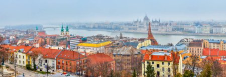 Panoramic view from Fisherman's Bastion on Parliament and other landmarks of Budapest, Hungary