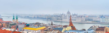 Panoramic view from Fisherman's Bastion on Parliament and other landmarks of Budapest, Hungary