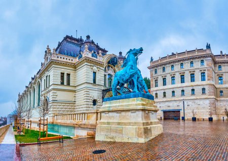 The statue to the horse trainer in front of the Royal Riding Hall on Foal Courtyard of Buda Castle, Budapest, Hungary