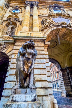 The roaring Lion at the Arched Gate to the Lions Court in Buda Castle, Budapest, Hungary