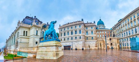 Panorama of the Foal Courtyard with Buda Castle, the Royal Riding Hall and the statue to the horse trainer, Budapest, Hungary