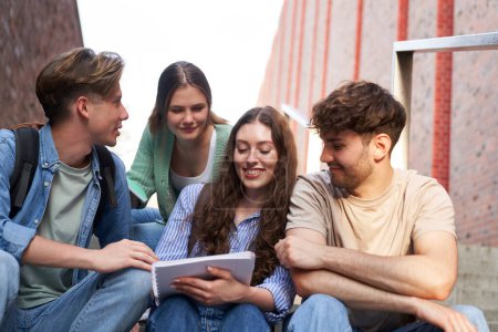 Photo for Group of caucasian students studying outside the university campus - Royalty Free Image