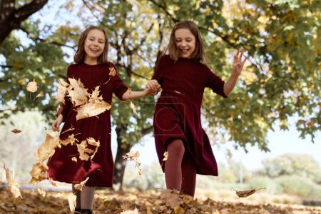 Photo for Caucasian child siblings having fun in the woods - Royalty Free Image