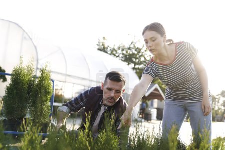 Téléchargez les photos : Travailleur conseillant le client sur les plantes dans le centre de jardin - en image libre de droit