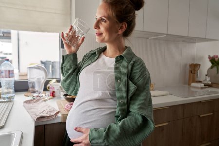 Téléchargez les photos : Femme enceinte buvant de l'eau debout dans la cuisine - en image libre de droit