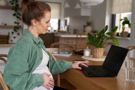Téléchargez les photos : Femme enceinte utilisant un ordinateur portable à la maison - en image libre de droit