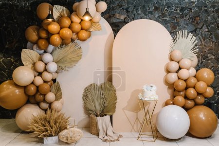 Photo for Birthday Cake on a background balloons party decor. Copy space. Trendy Cake. Delicious wedding reception. Celebration baptism concept. Trendy autumn decor. - Royalty Free Image
