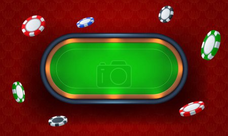 Mesa de póquer con tela verde sobre fondo rojo y fichas de póquer voladoras. Ilustración vectorial realista.
