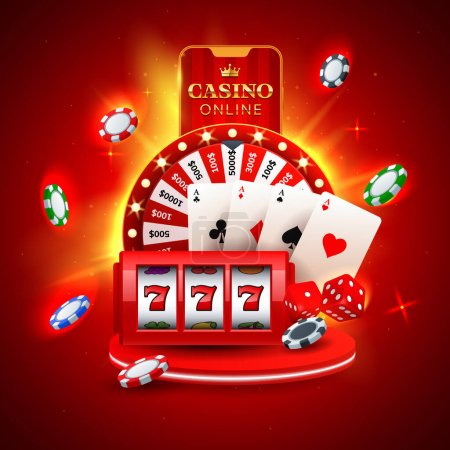 Online casino concept with red wheel of fortune, playing cards, slot machine, dices and flying chips on a red hot background. Casino game of chance. Win, fortune roulette. gamble, chance, leisure, lottery, luck. Vector illustration
