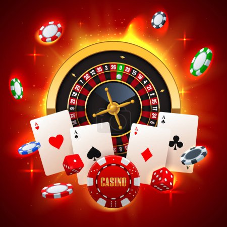 Concepto de casino con ruleta, cartas, dados y fichas voladoras sobre un fondo rojo caliente. Gana, ruleta de la fortuna. apuesta, azar, ocio, lotería, suerte. Ilustración del vector