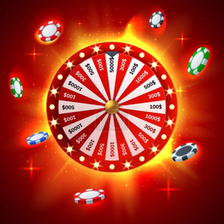 Red wheel of fortune with flying chips on red hot background. Spin casino wheel and win prizes. Casino game of chance. Win, fortune roulette. gamble, chance, leisure, lottery, luck. Vector illustration