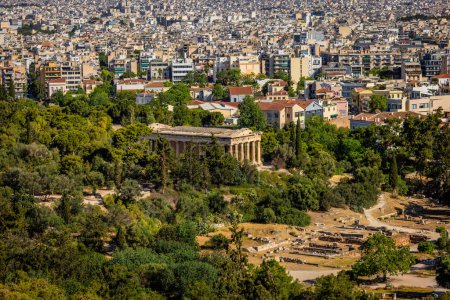Athens, Greece, May 3rd 2024: Temple of Hephaestus, God of Fire and Craft, in the ancient Greek Agora ruins in the center of Athens, Greece
