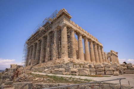 Athens, Greece, May 3rd 2024: The Mighty Parthenon at the Acropolis of Athens, in the center of Athens, Greece