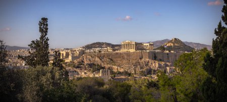 Panoramic view of the Acropolis of Athens from the Philopappos hill in Greece