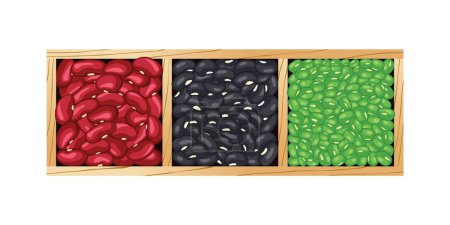 Illustration for Red beans,Black beans and Green grams or Mung beans in wooden box isolated on white background. - Royalty Free Image