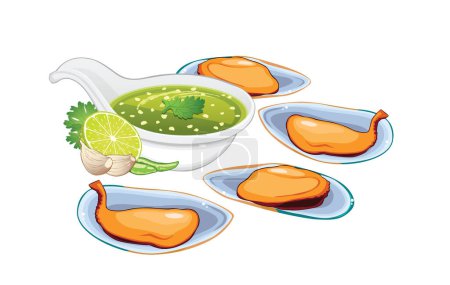 Ilustración de Salsa tailandesa para mojar mariscos en cuchara grande y mejillones verdes aislados sobre fondo blanco. - Imagen libre de derechos