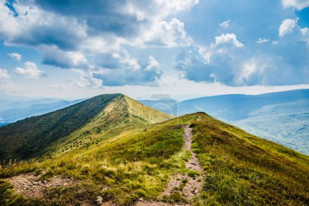 Photo for Beautiful view of the Ukrainian Carpathians to the mountains and valleys. Rocky peaks and wood of the Carpathians in late summer. Yellow and green grass, and the top of the mountain and the path to it - Royalty Free Image