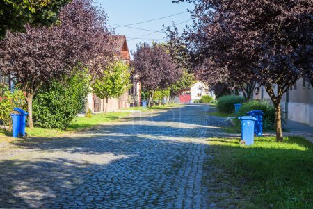 Latas de basura azul en la calle en un pequeño pueblo cerca de cada casa. Recogida centralizada de basura en una pequeña y acogedora ciudad europea. Recogida de basura en un cierto día de la semana.