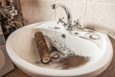 La caída de partículas sucias de un filtro de agua en un lavabo blanco. Elementos de un sistema de filtración para agua limpia y saludable. Ecología y agua sucia